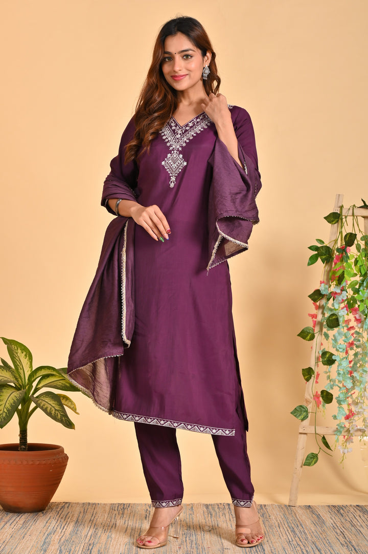 Luxurious Roman Silk 3-Piece Ethnic Kurta Set with Zardosi and Sequins Work