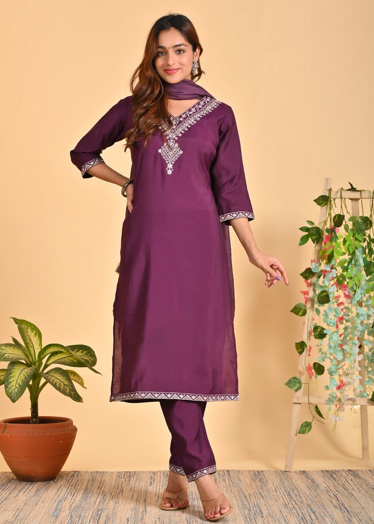 Luxurious Roman Silk 3-Piece Ethnic Kurta Set with Zardosi and Sequins Work
