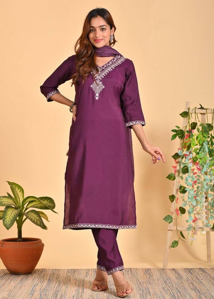 Luxurious Roman Silk 3-Piece Ethnic Kurta Set with Zardosi and Sequins Work