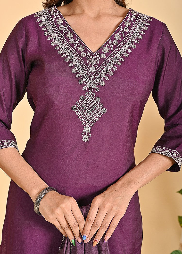 Luxurious Roman Silk 3-Piece Ethnic Kurta Set with Zardosi and Sequins Work