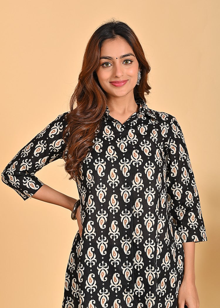 Stylish Cotton Co-Ord Set - 2-Piece Shirt Collar Outfit with 3/4 Sleeves | Available in Black and Red | Sizes XS-XXL