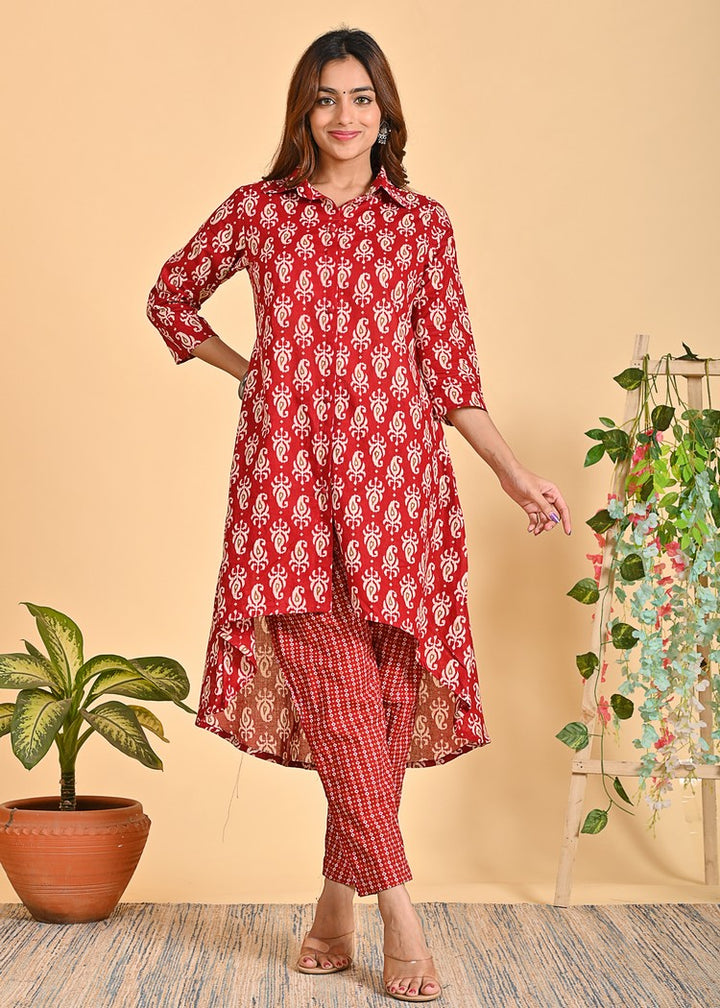 Stylish Cotton Co-Ord Set - 2-Piece Shirt Collar Outfit with 3/4 Sleeves | Available in Black and Red | Sizes XS-XXL