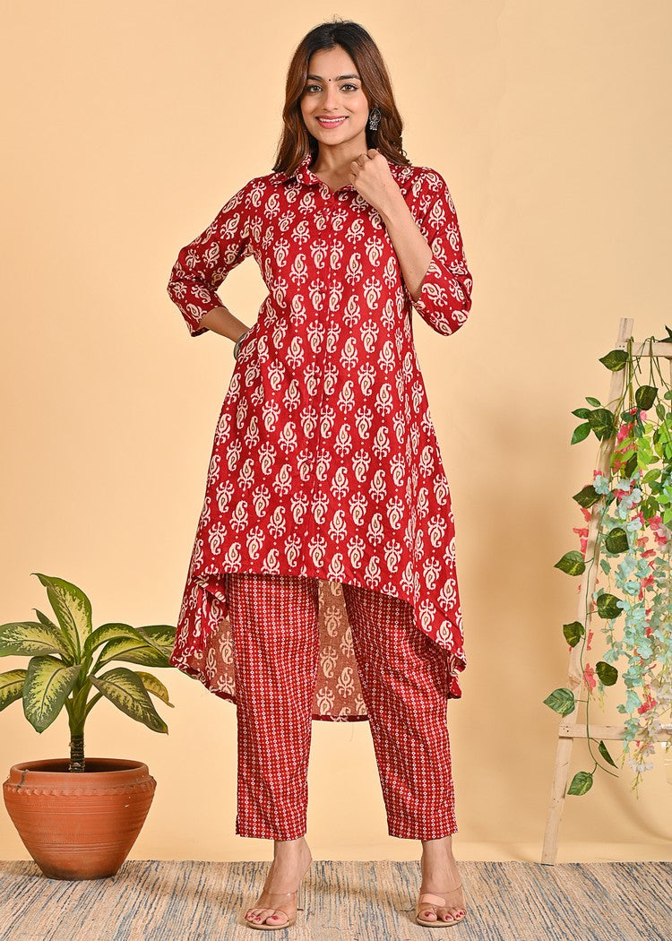 Stylish Cotton Co-Ord Set - 2-Piece Shirt Collar Outfit with 3/4 Sleeves | Available in Black and Red | Sizes XS-XXL