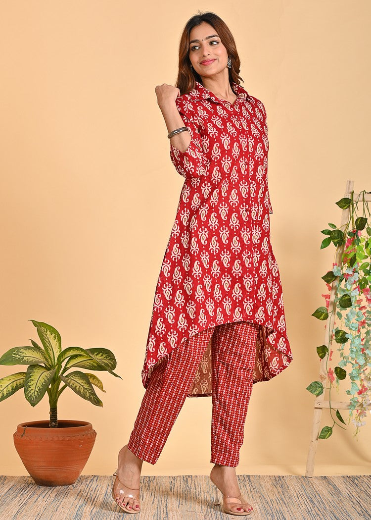 Stylish Cotton Co-Ord Set - 2-Piece Shirt Collar Outfit with 3/4 Sleeves | Available in Black and Red | Sizes XS-XXL