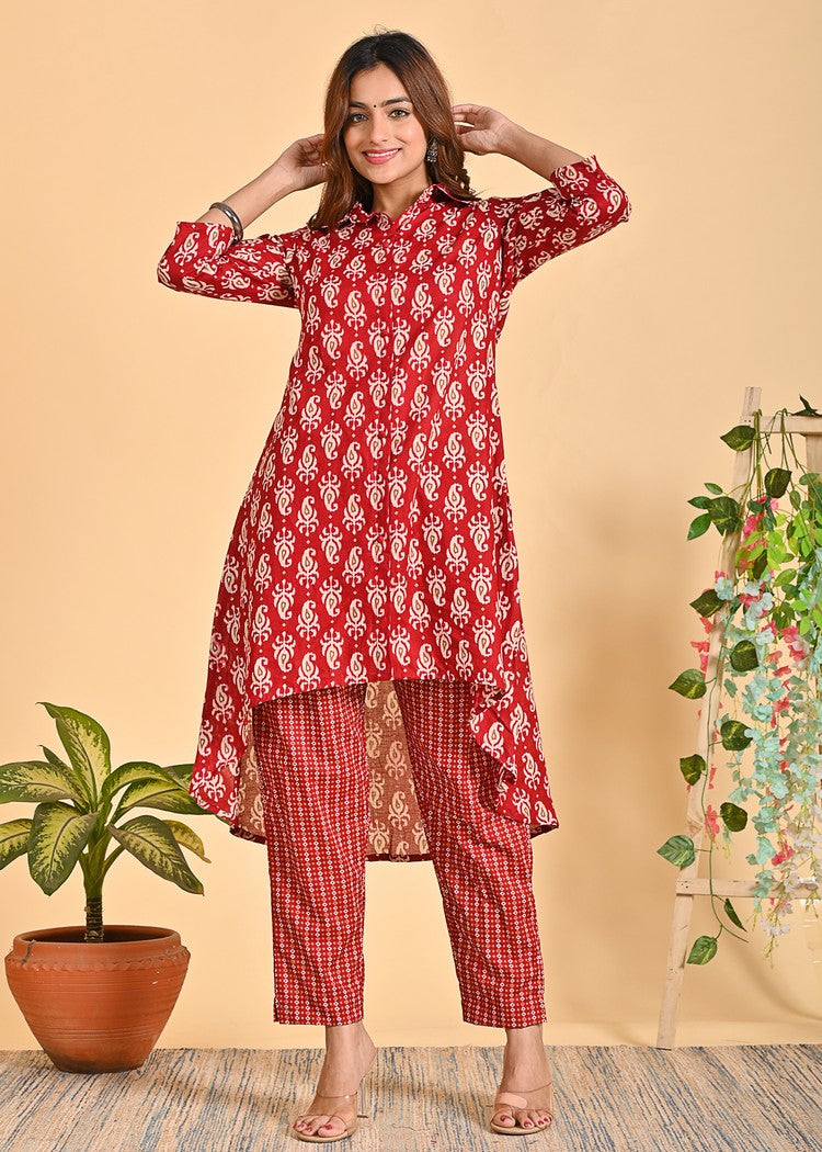 Stylish Cotton Co-Ord Set - 2-Piece Shirt Collar Outfit with 3/4 Sleeves | Available in Black and Red | Sizes XS-XXL