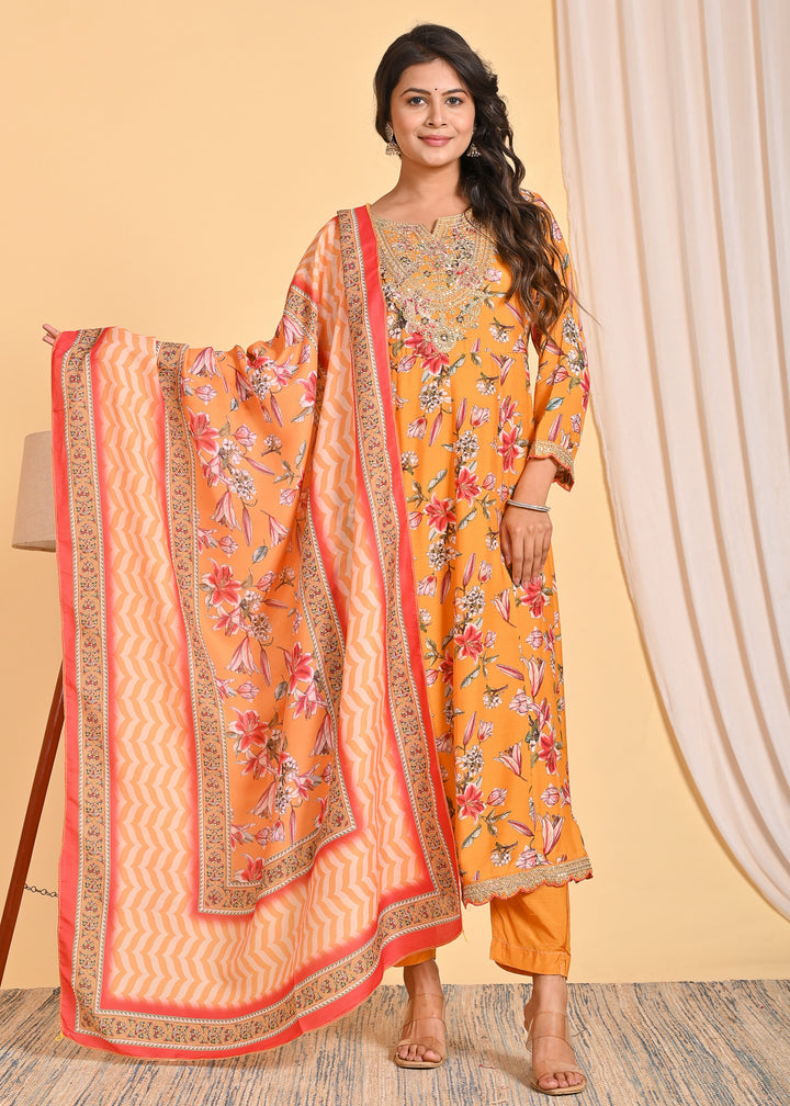Premium Muslin Anarkali 3-Piece Ethnic Wear Set with Zari and Sequins Detailing