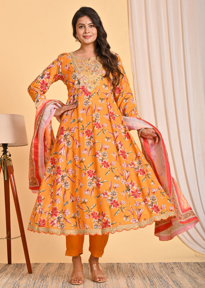Premium Muslin Anarkali 3-Piece Ethnic Wear Set with Zari and Sequins Detailing