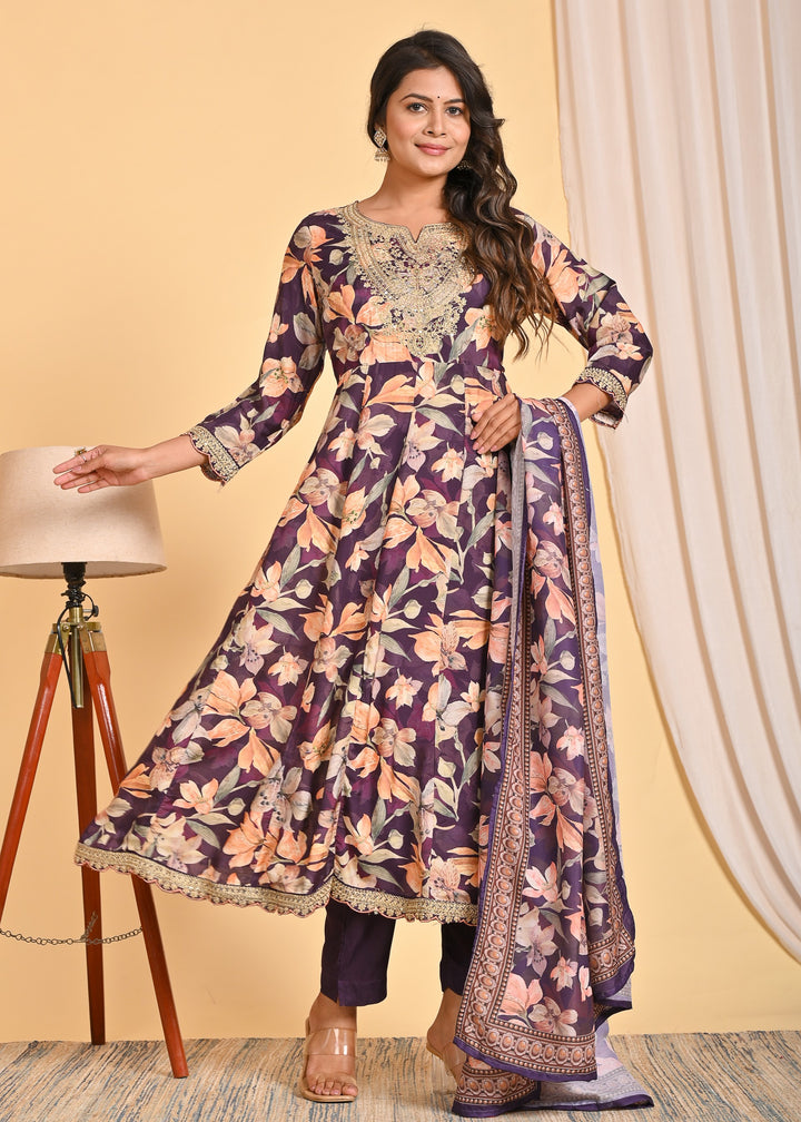 Premium Muslin Anarkali 3-Piece Ethnic Wear Set with Zari and Sequins Detailing