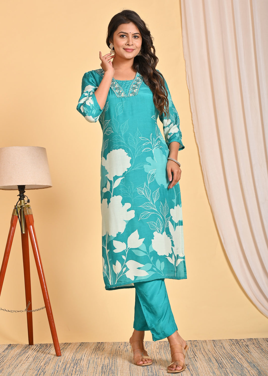 Premium Muslin 3-Piece Ethnic Wear Set with Embroidered Mirror and Pearl Detailing
