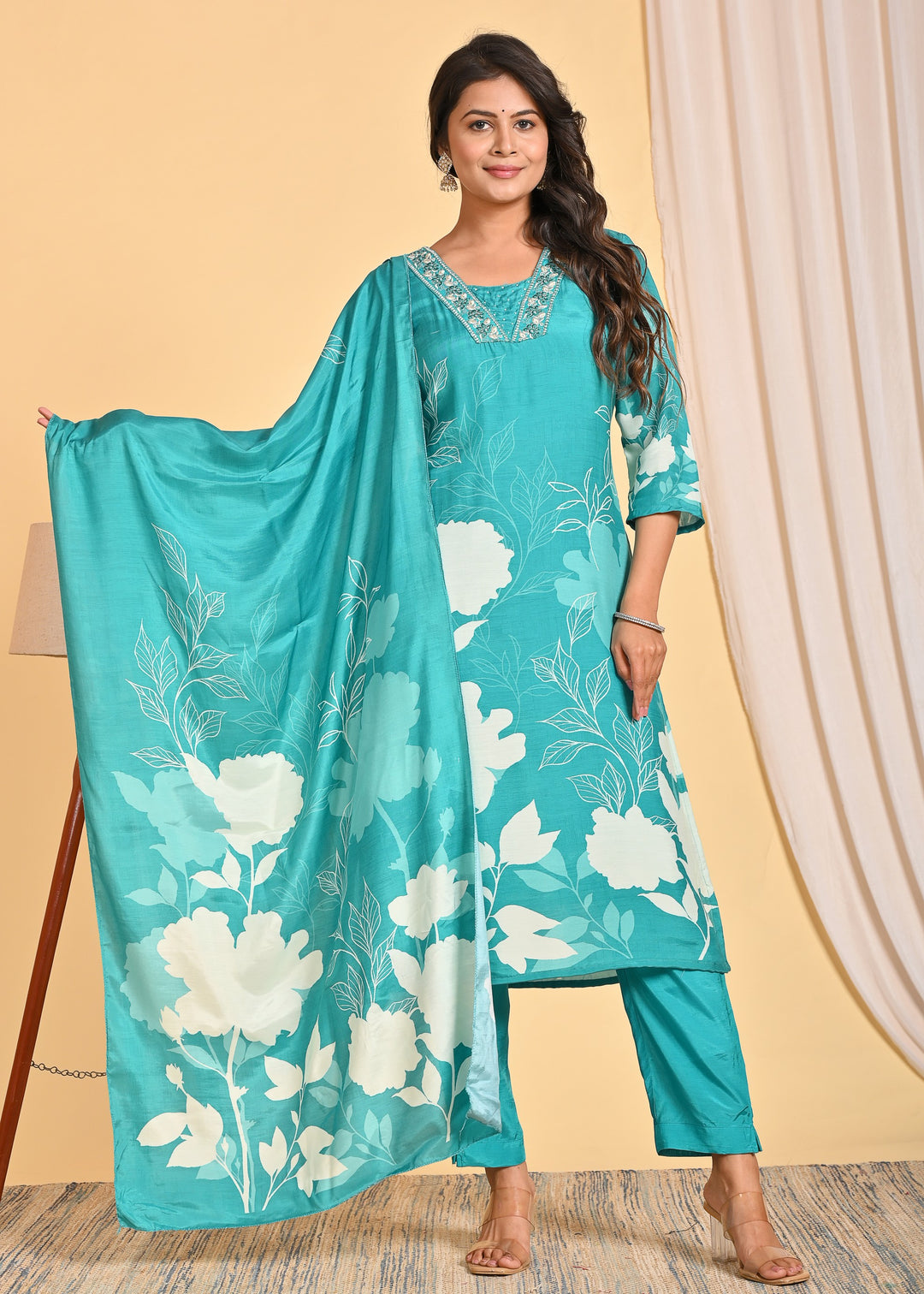 Premium Muslin 3-Piece Ethnic Wear Set with Embroidered Mirror and Pearl Detailing