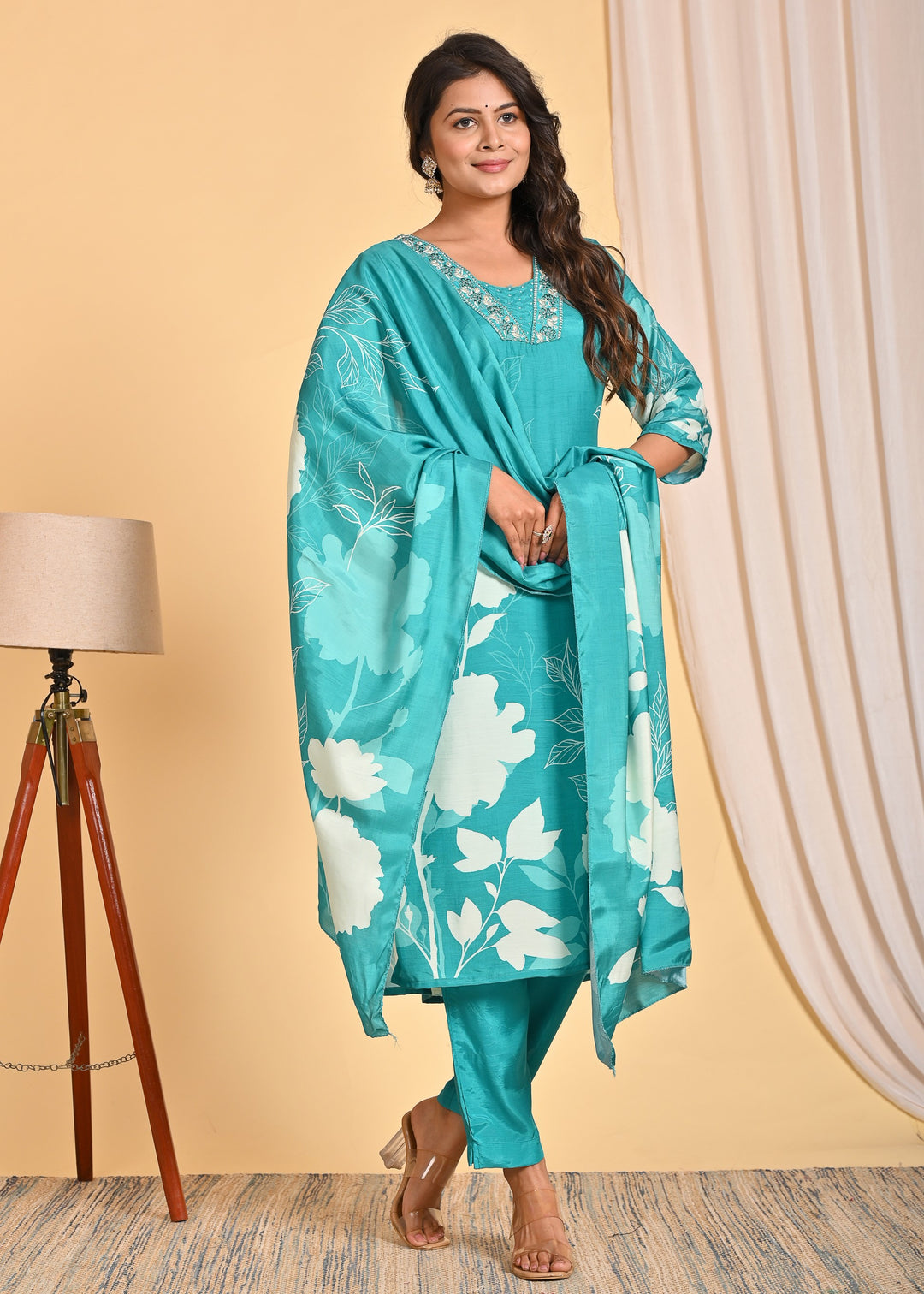 Premium Muslin 3-Piece Ethnic Wear Set with Embroidered Mirror and Pearl Detailing