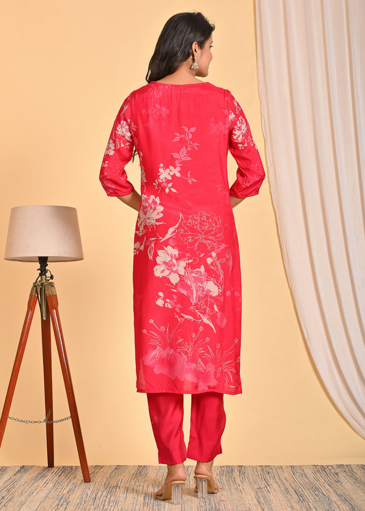 Elegant Red Muslin Ethnic Wear 3-Piece Kurta Set with Mirror Work and Pearls