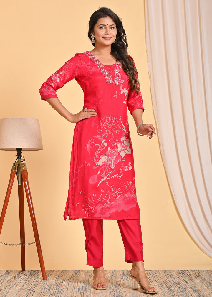 Elegant Red Muslin Ethnic Wear 3-Piece Kurta Set with Mirror Work and Pearls
