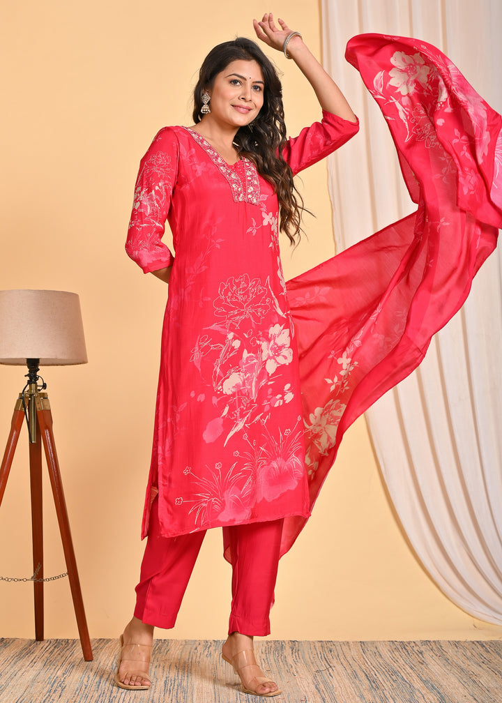 Elegant Red Muslin Ethnic Wear 3-Piece Kurta Set with Mirror Work and Pearls