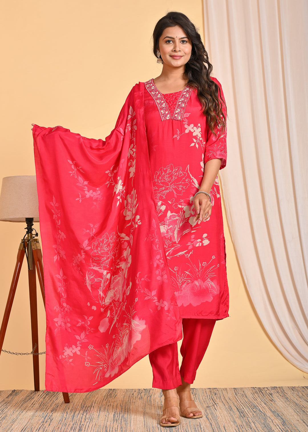Elegant Red Muslin Ethnic Wear 3-Piece Kurta Set with Mirror Work and Pearls