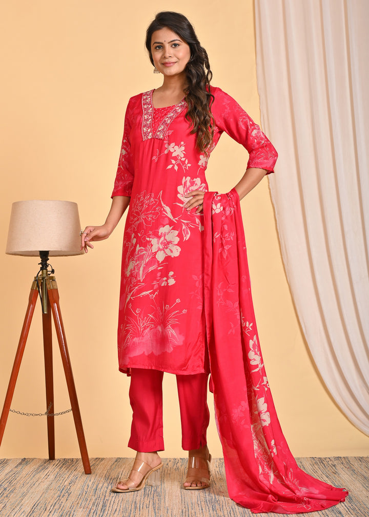 Elegant Red Muslin Ethnic Wear 3-Piece Kurta Set with Mirror Work and Pearls