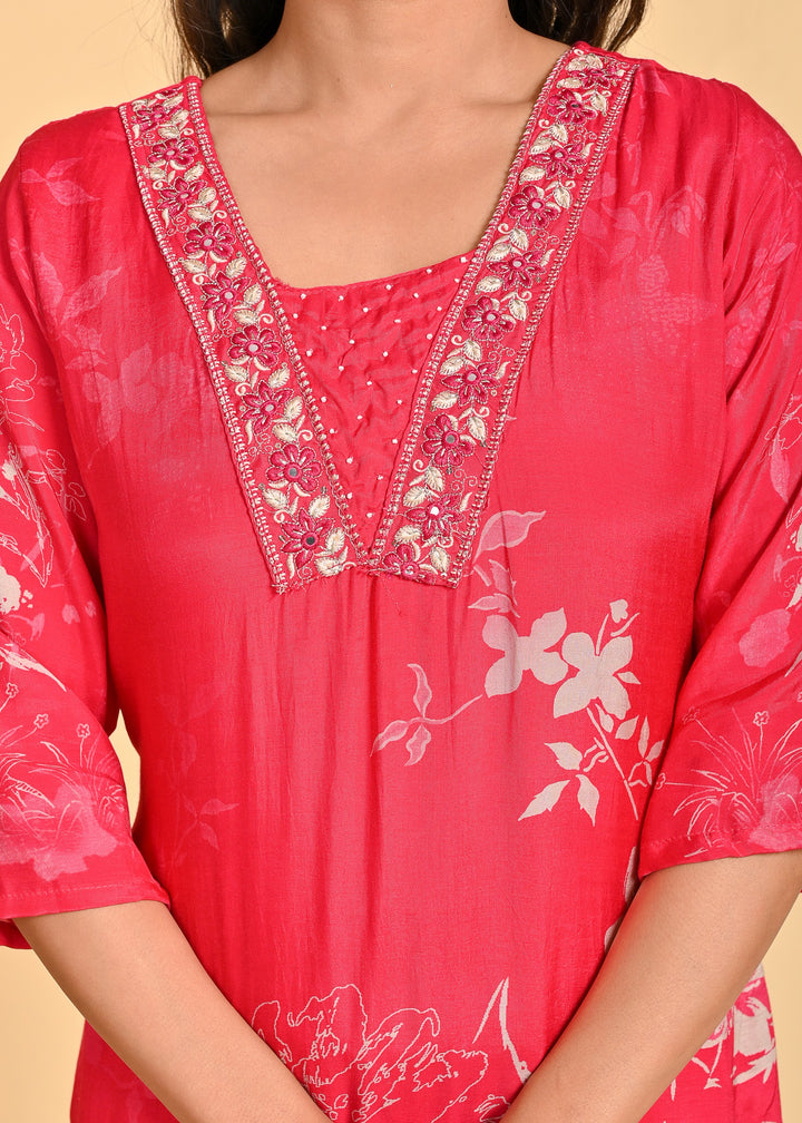 Elegant Red Muslin Ethnic Wear 3-Piece Kurta Set with Mirror Work and Pearls