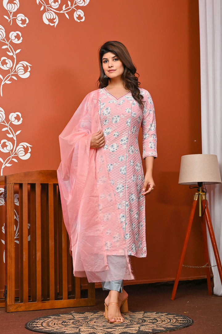 Elegant A-Line Cotton Suit - A-Line Pattern, V-Neck, 3/4th Sleeves, Available in Brown & Pink