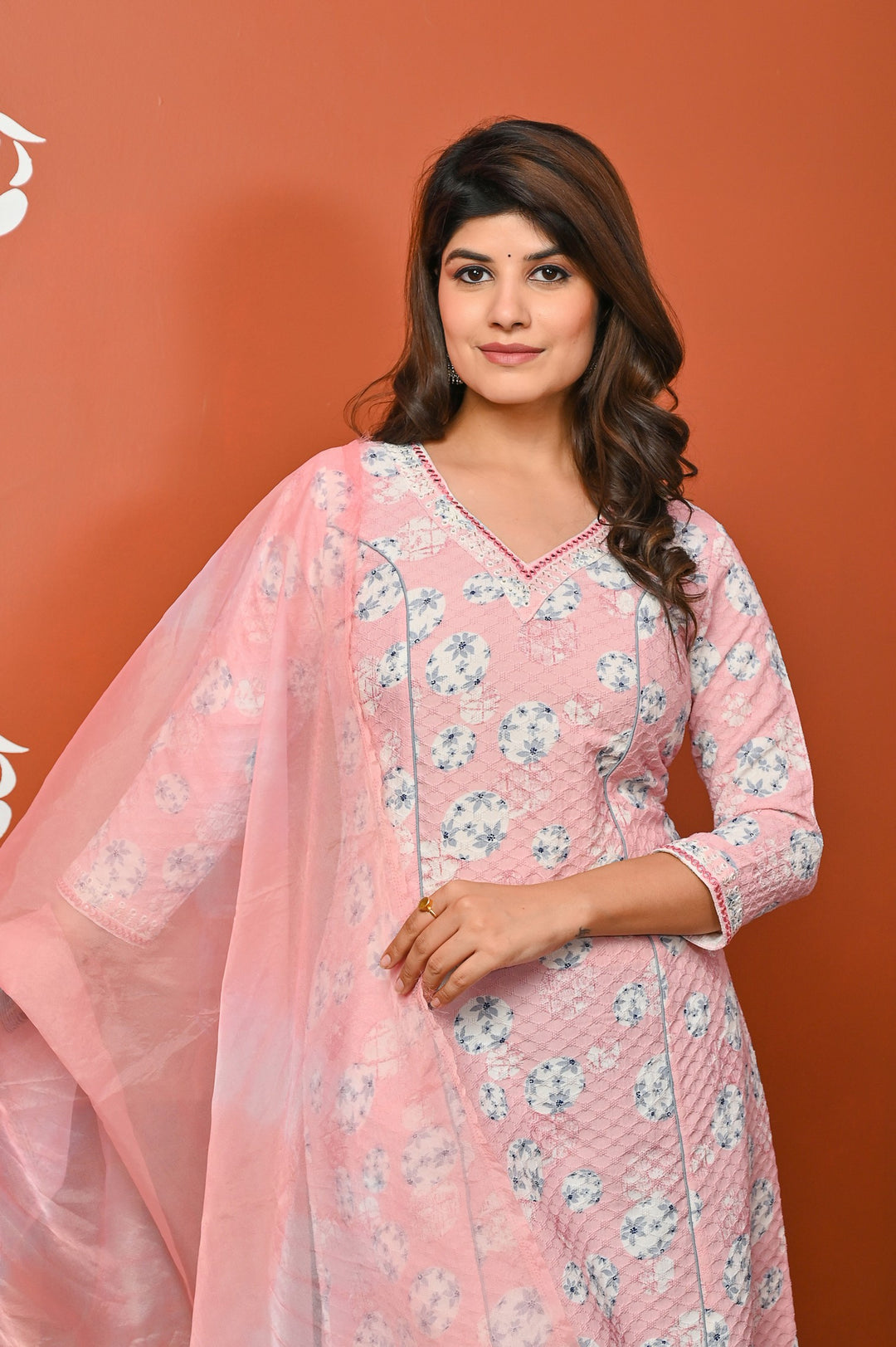 Elegant A-Line Cotton Suit - A-Line Pattern, V-Neck, 3/4th Sleeves, Available in Brown & Pink