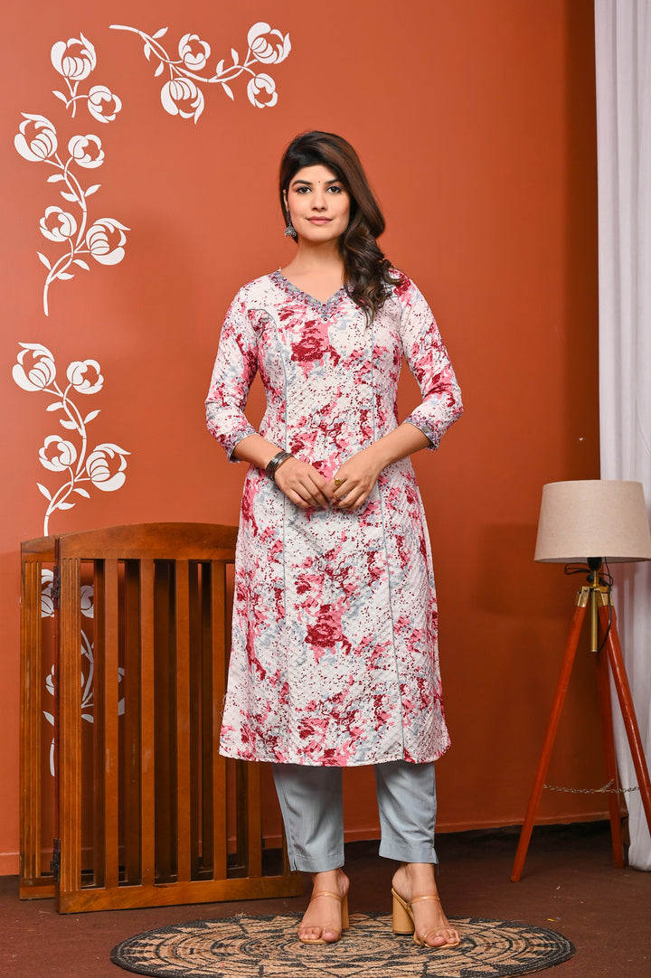 Stylish A-Line Cotton Suit - Flattering A-Line Pattern, V-Neck, 3/4th Sleeves, Available in Blue & Pink