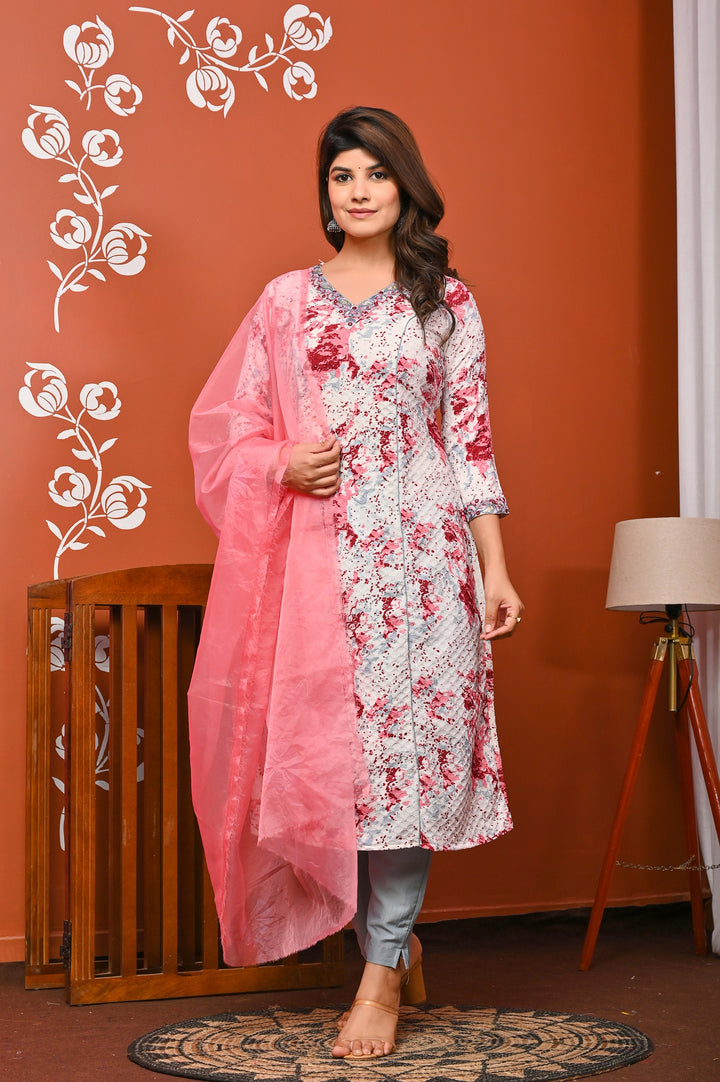 Stylish A-Line Cotton Suit - Flattering A-Line Pattern, V-Neck, 3/4th Sleeves, Available in Blue & Pink
