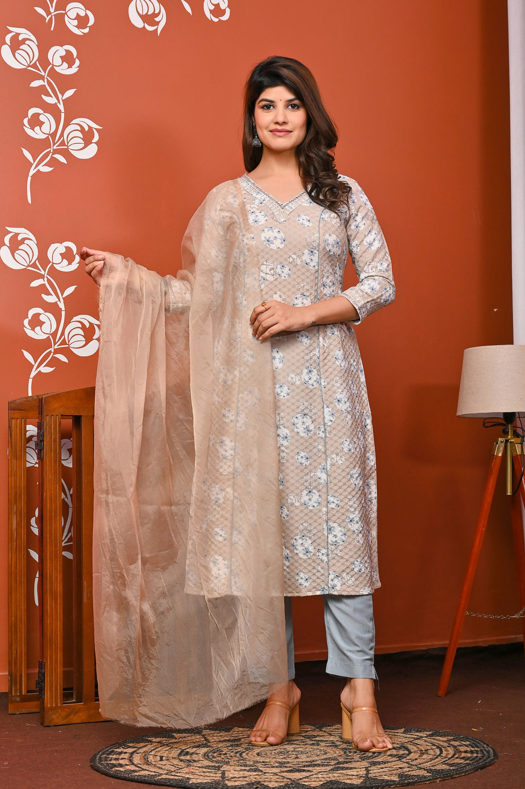Elegant A-Line Cotton Suit - A-Line Pattern, V-Neck, 3/4th Sleeves, Available in Brown & Pink