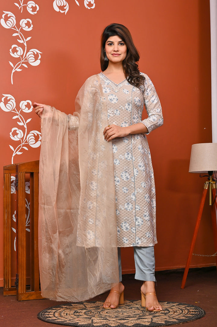 Elegant A-Line Cotton Suit - A-Line Pattern, V-Neck, 3/4th Sleeves, Available in Brown & Pink