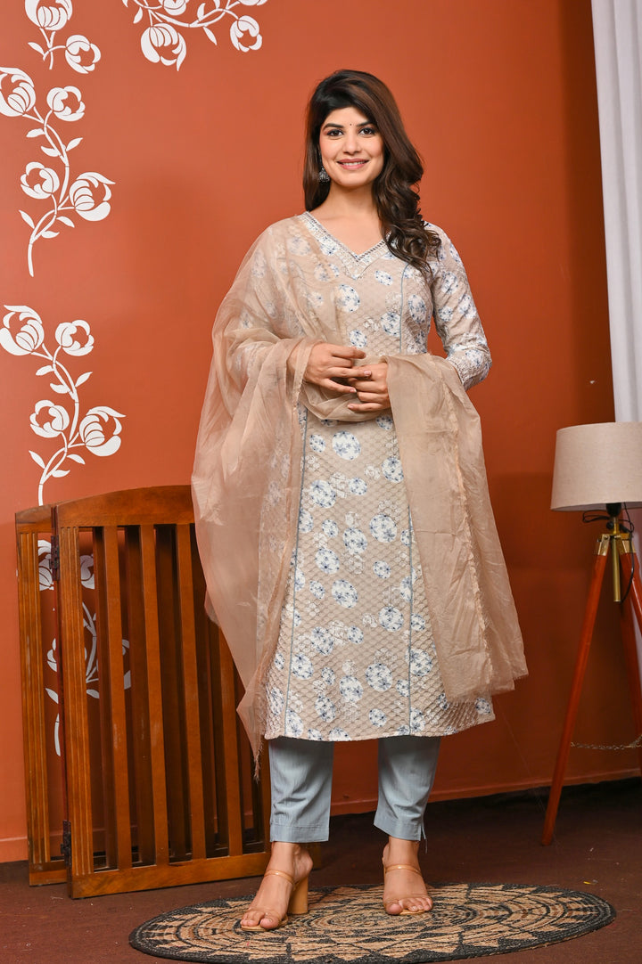 Elegant A-Line Cotton Suit - A-Line Pattern, V-Neck, 3/4th Sleeves, Available in Brown & Pink