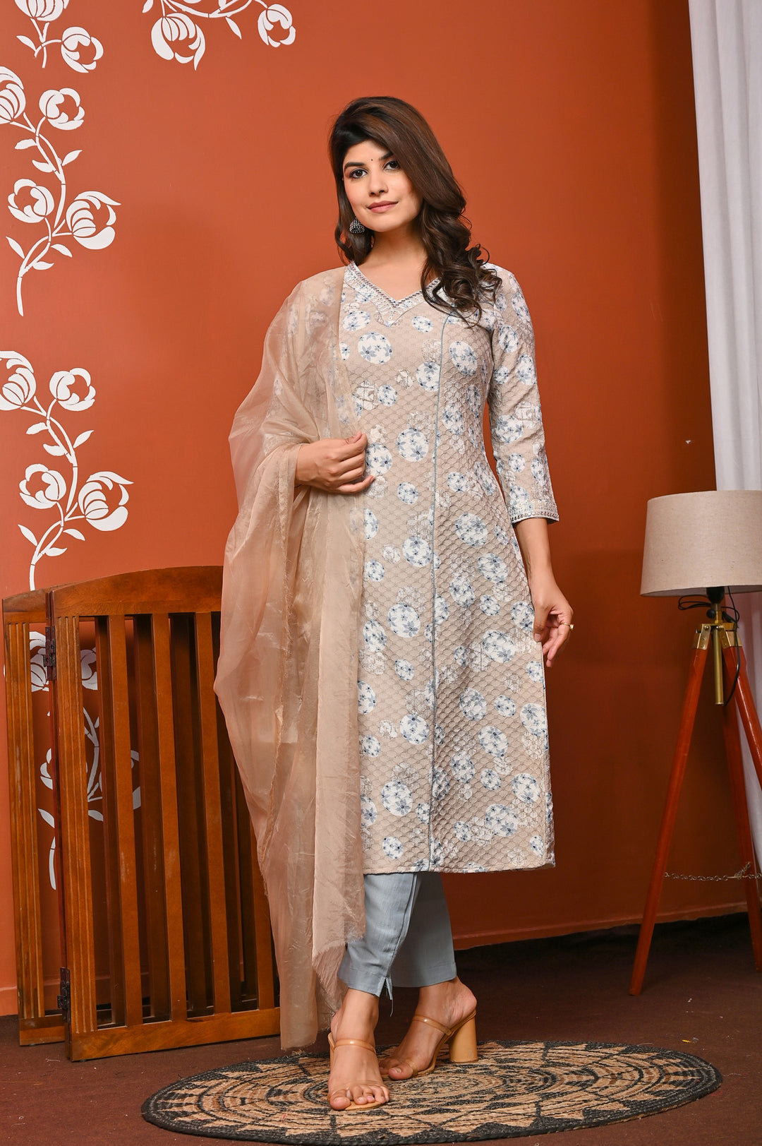 Elegant A-Line Cotton Suit - A-Line Pattern, V-Neck, 3/4th Sleeves, Available in Brown & Pink