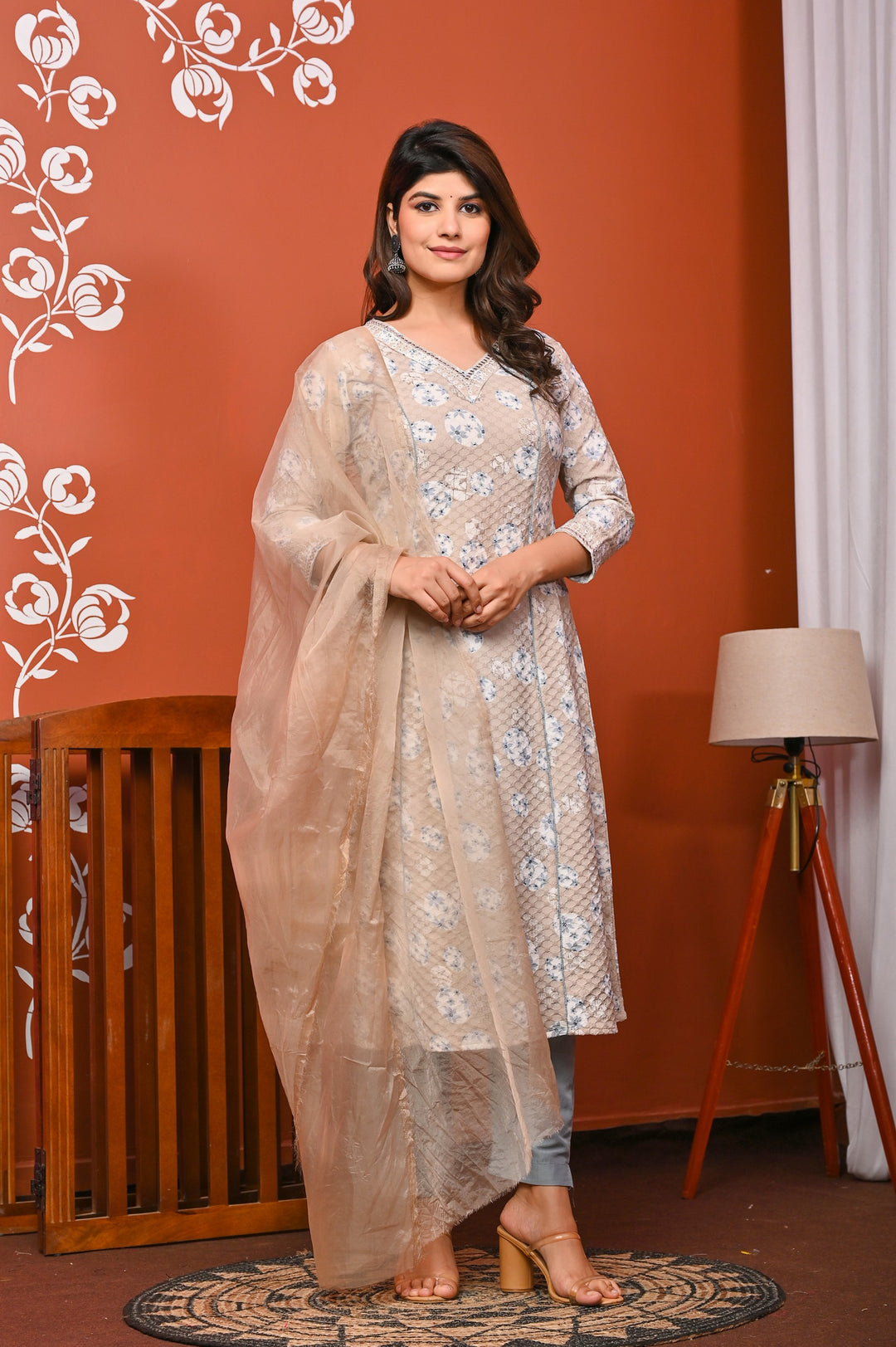 Elegant A-Line Cotton Suit - A-Line Pattern, V-Neck, 3/4th Sleeves, Available in Brown & Pink