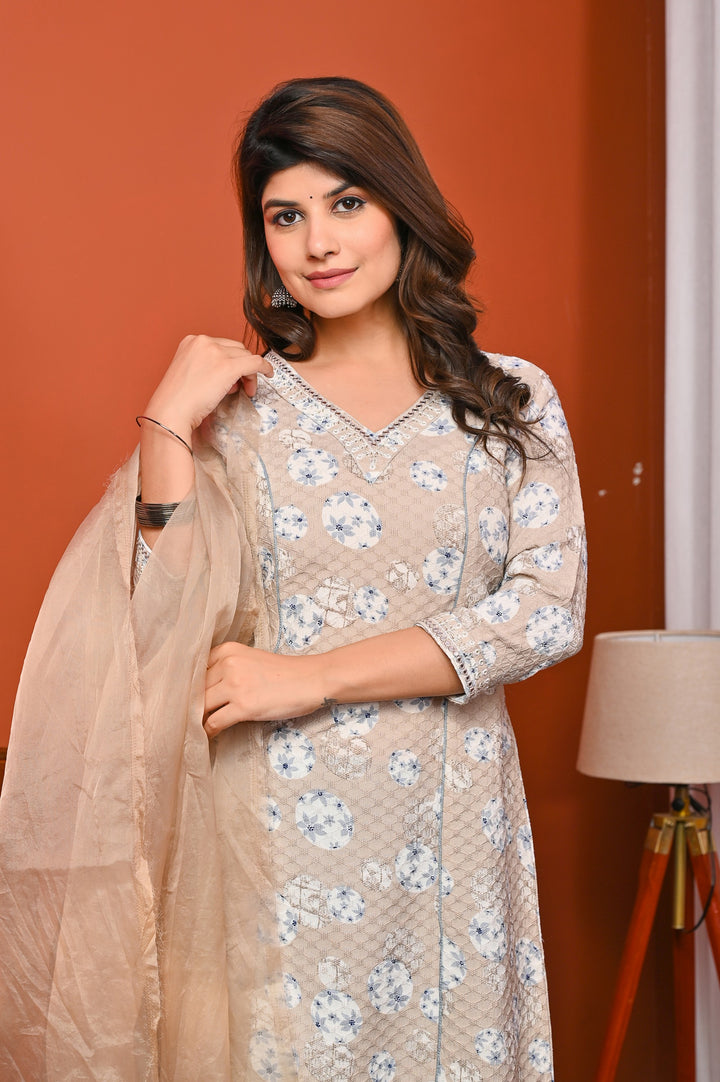 Elegant A-Line Cotton Suit - A-Line Pattern, V-Neck, 3/4th Sleeves, Available in Brown & Pink