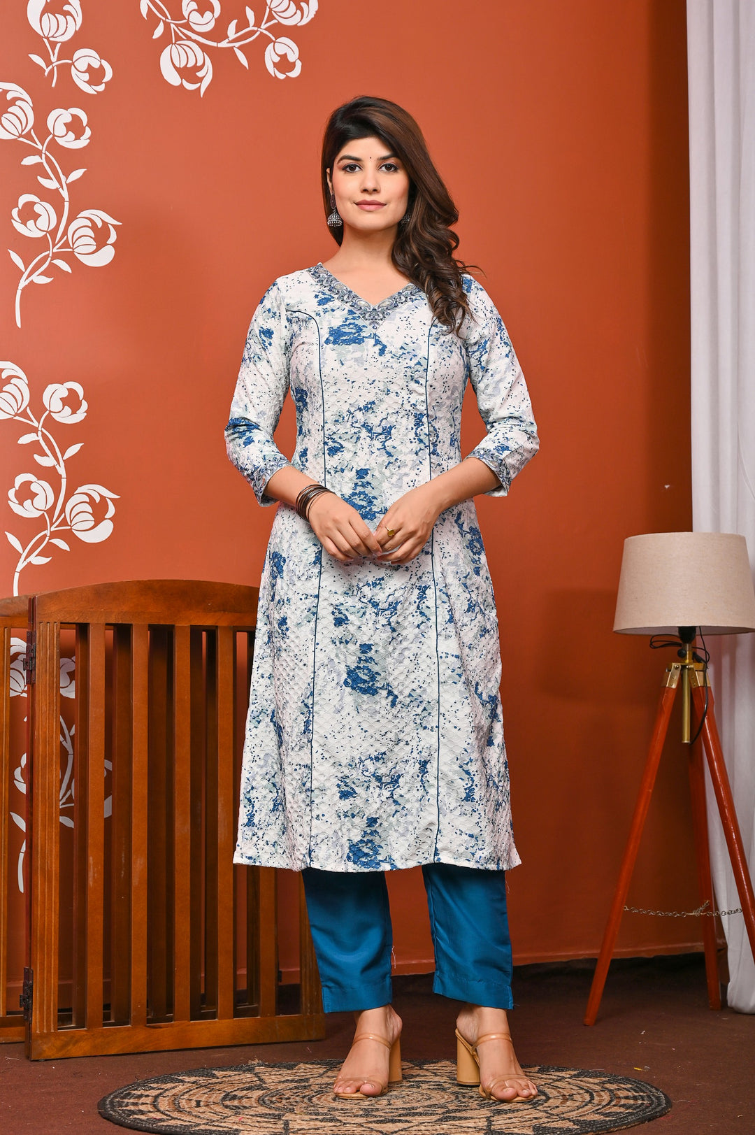 Stylish A-Line Cotton Suit - Flattering A-Line Pattern, V-Neck, 3/4th Sleeves, Available in Blue & Pink