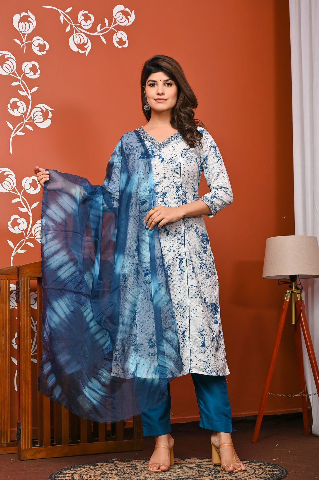 Stylish A-Line Cotton Suit - Flattering A-Line Pattern, V-Neck, 3/4th Sleeves, Available in Blue & Pink