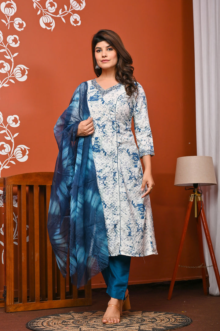 Stylish A-Line Cotton Suit - Flattering A-Line Pattern, V-Neck, 3/4th Sleeves, Available in Blue & Pink