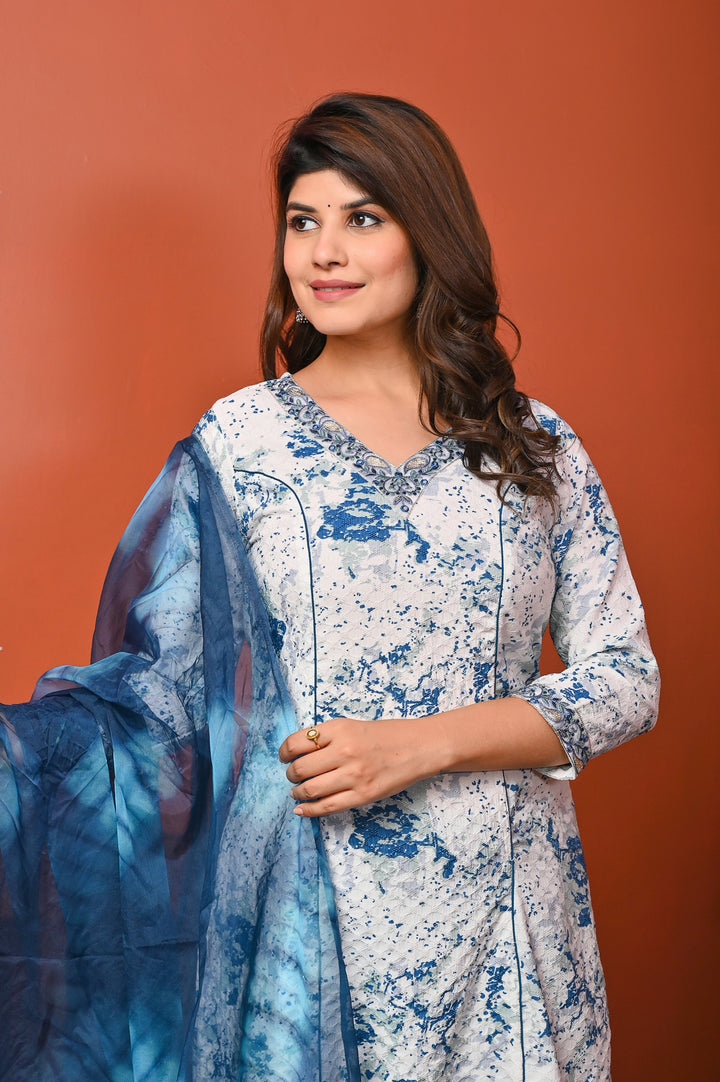Stylish A-Line Cotton Suit - Flattering A-Line Pattern, V-Neck, 3/4th Sleeves, Available in Blue & Pink