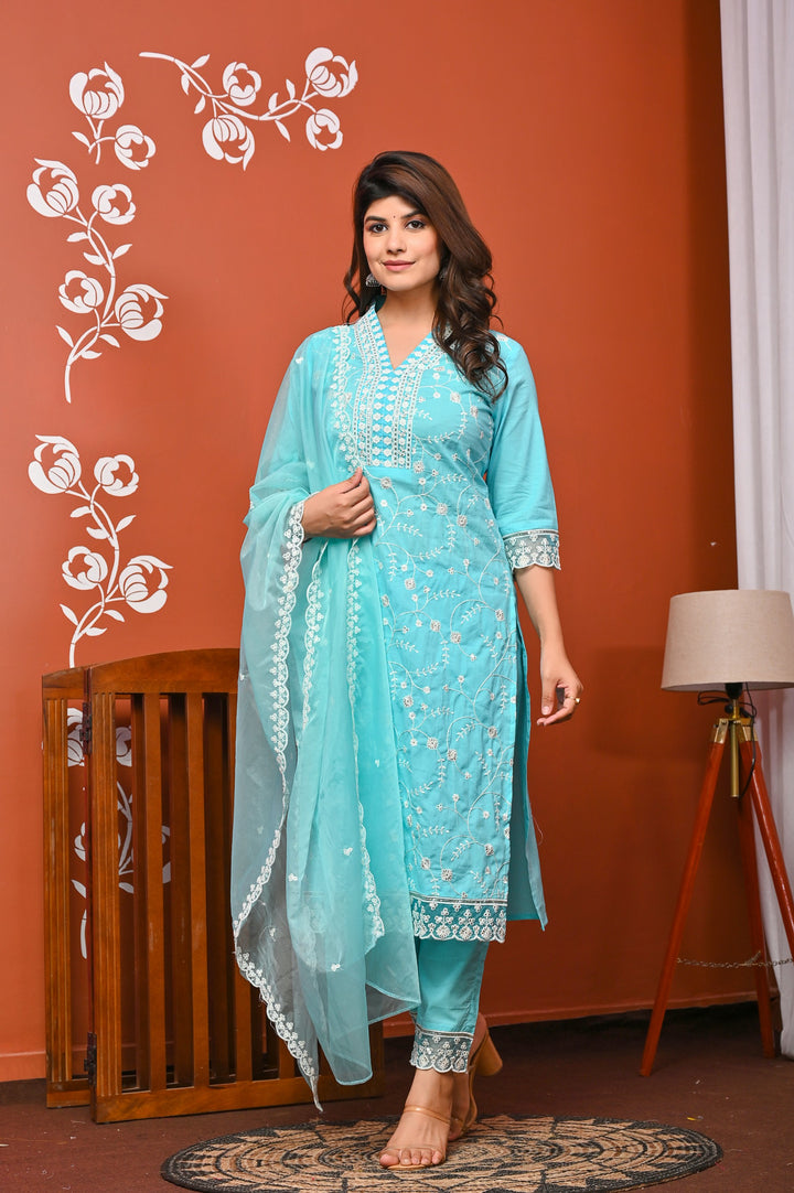 Elegant Sea Green & Yellow Cotton Kurta Set - V-Neck, Straight Fit, 3/4 Sleeves