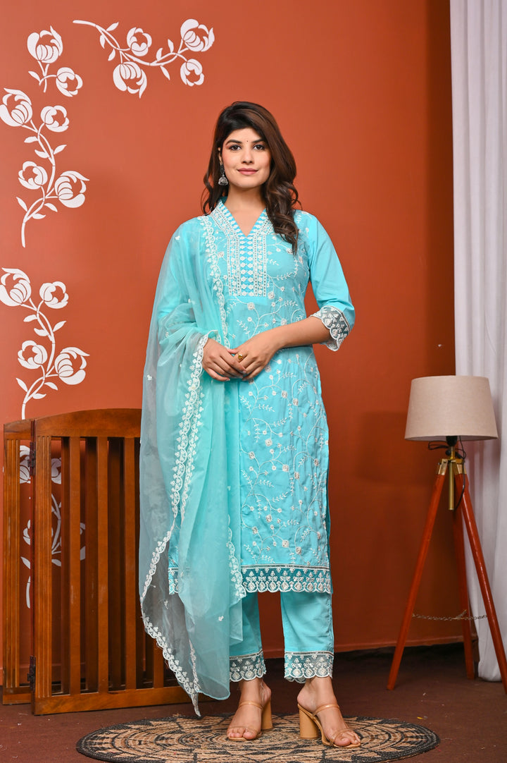 Elegant Sea Green & Yellow Cotton Kurta Set - V-Neck, Straight Fit, 3/4 Sleeves