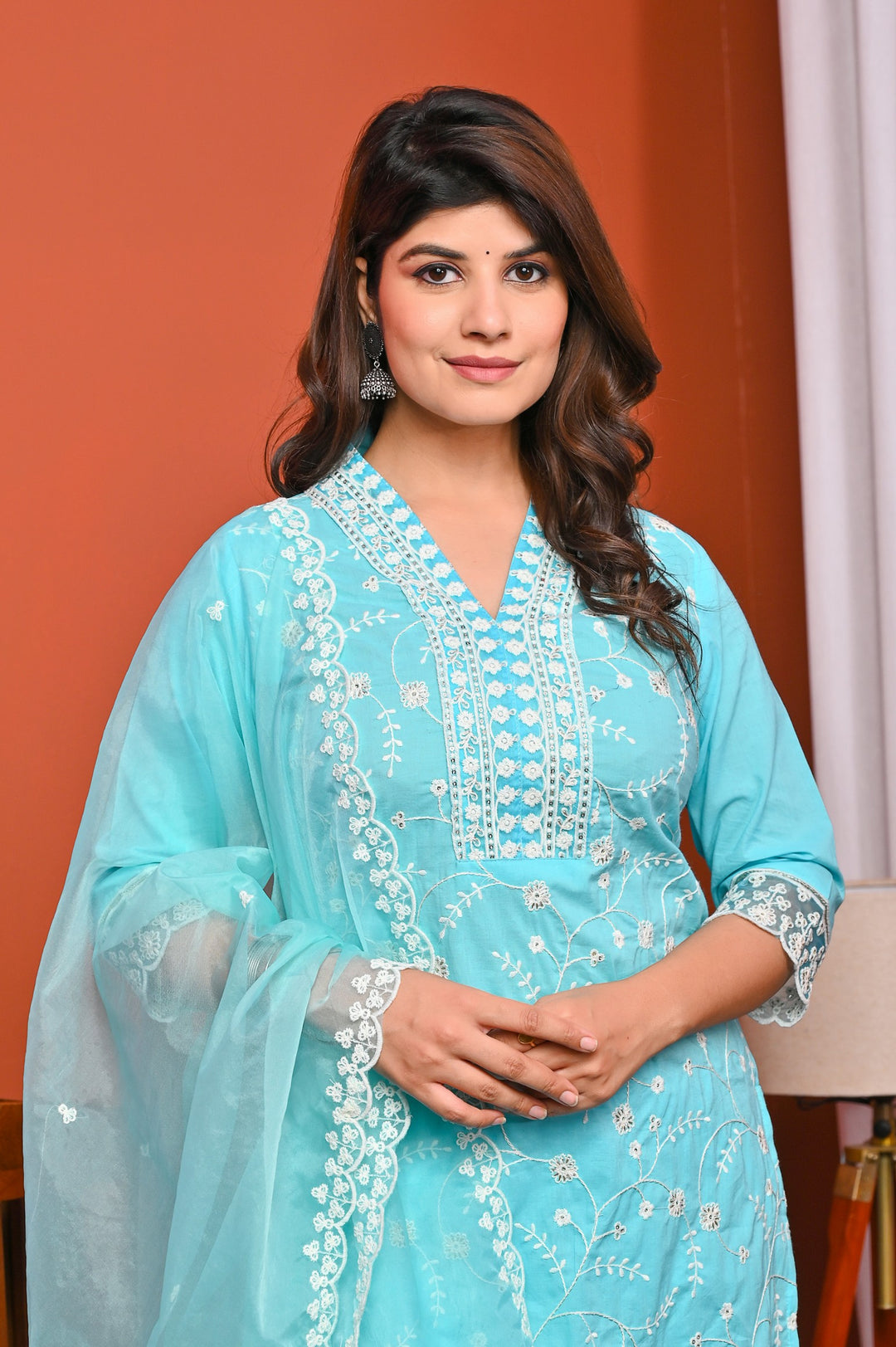 Elegant Sea Green & Yellow Cotton Kurta Set - V-Neck, Straight Fit, 3/4 Sleeves