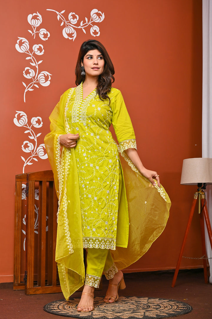 Elegant Sea Green & Yellow Cotton Kurta Set - V-Neck, Straight Fit, 3/4 Sleeves