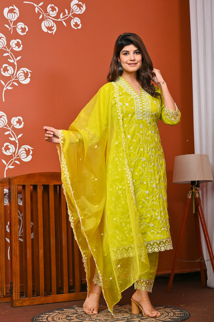 Elegant Sea Green & Yellow Cotton Kurta Set - V-Neck, Straight Fit, 3/4 Sleeves