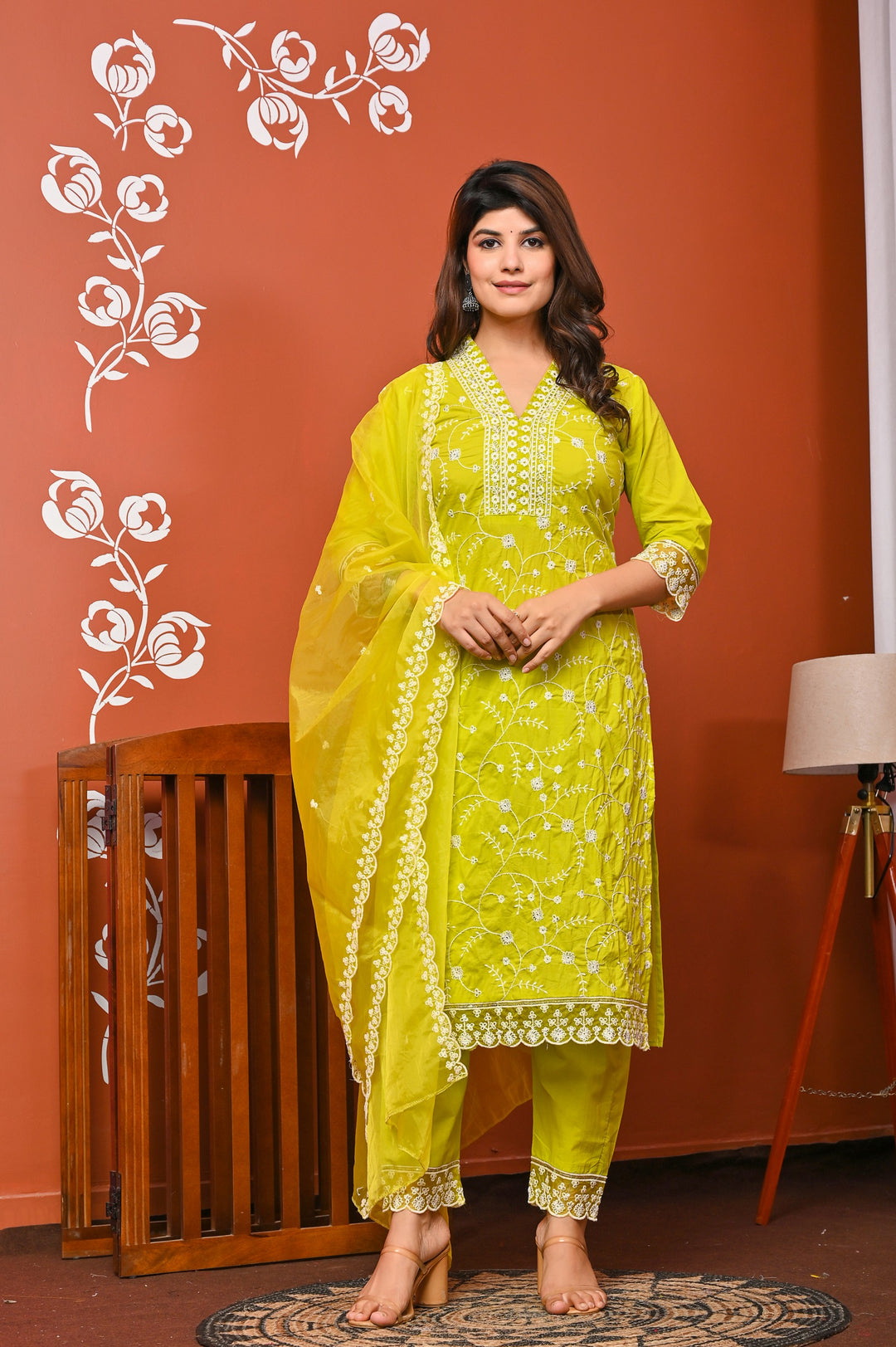 Elegant Sea Green & Yellow Cotton Kurta Set - V-Neck, Straight Fit, 3/4 Sleeves