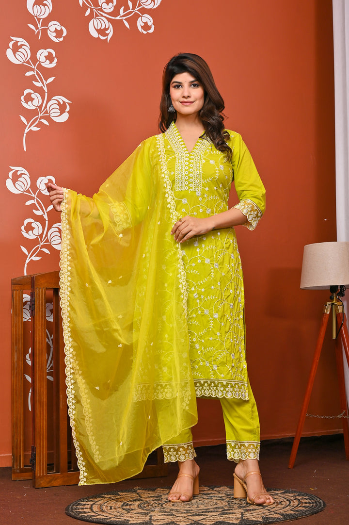 Elegant Sea Green & Yellow Cotton Kurta Set - V-Neck, Straight Fit, 3/4 Sleeves