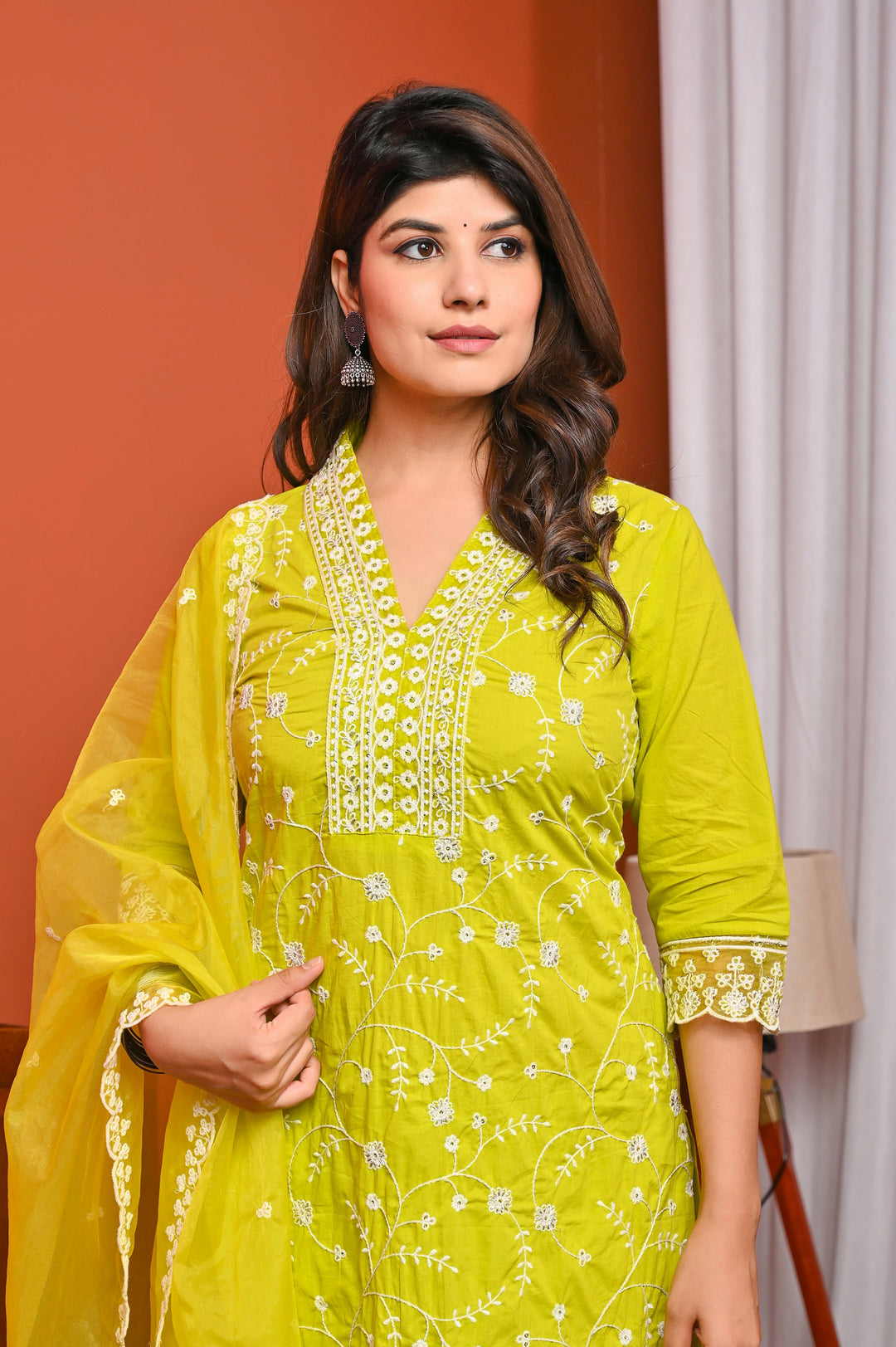 Elegant Sea Green & Yellow Cotton Kurta Set - V-Neck, Straight Fit, 3/4 Sleeves