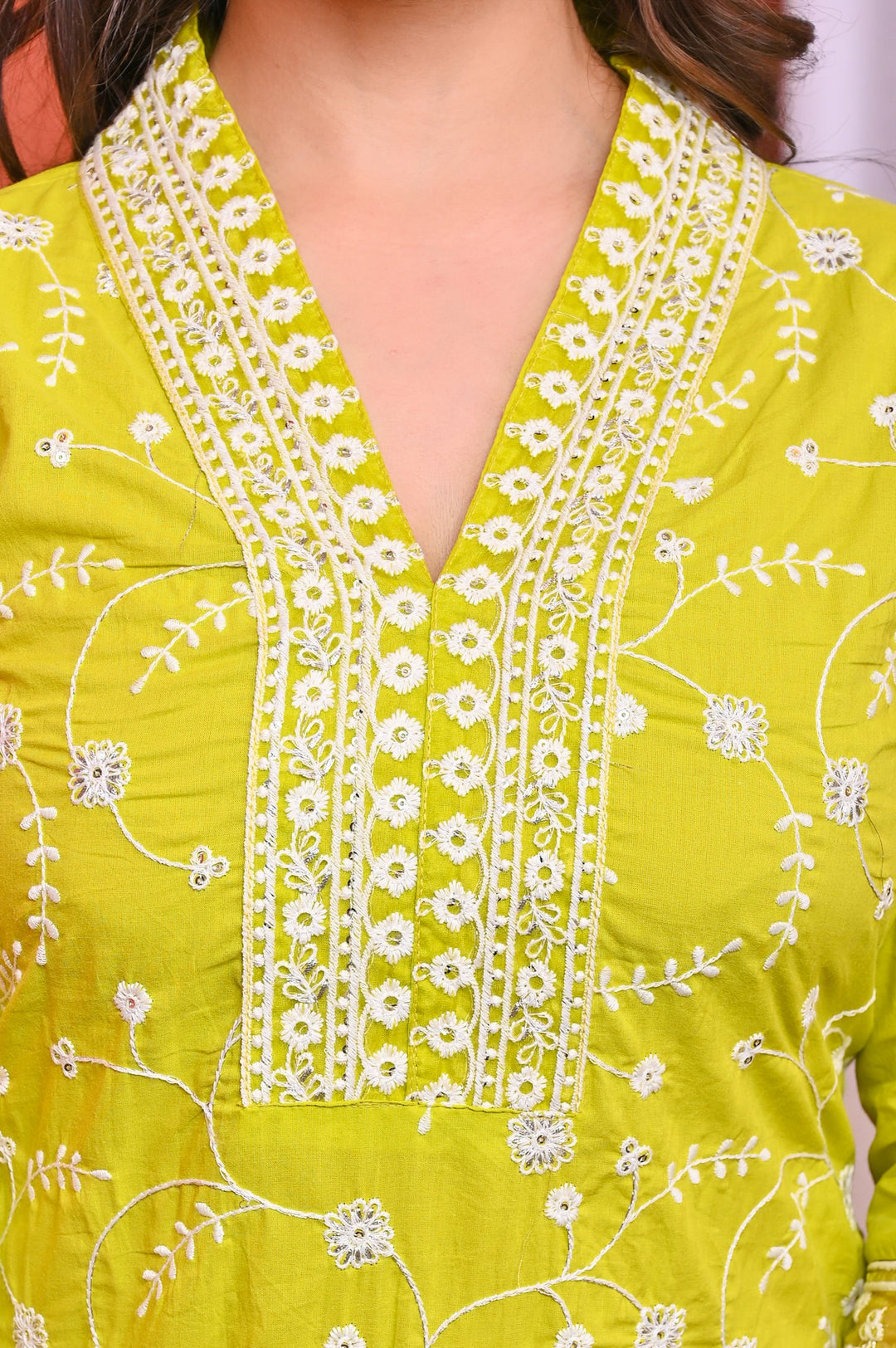Elegant Sea Green & Yellow Cotton Kurta Set - V-Neck, Straight Fit, 3/4 Sleeves