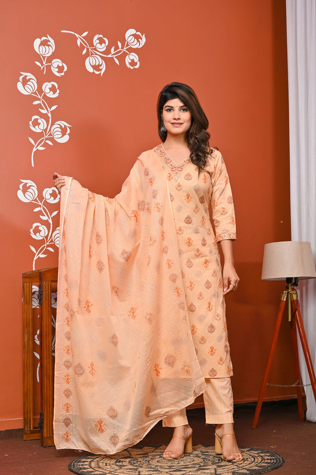 Elegant Peach & Yellow Cotton Kurta Set - Straight Fit with V-Neck and 3/4 Sleeves