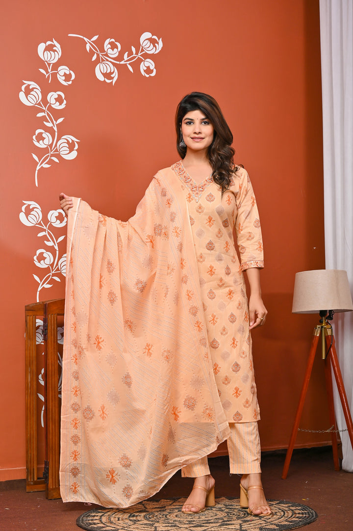 Elegant Peach & Yellow Cotton Kurta Set - Straight Fit with V-Neck and 3/4 Sleeves