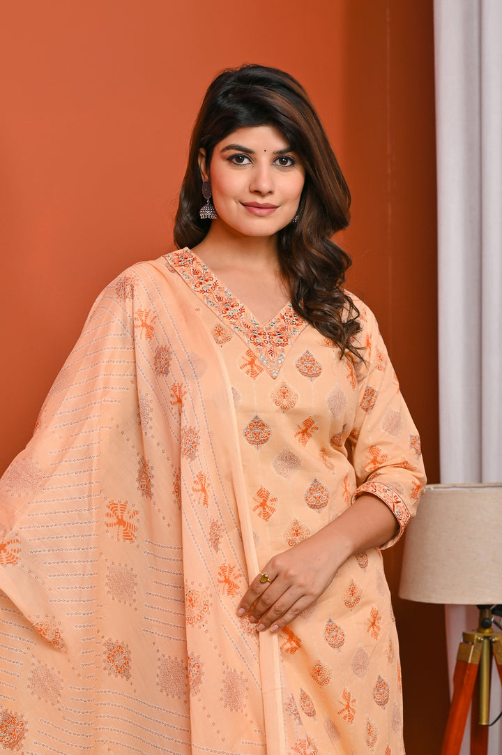 Elegant Peach & Yellow Cotton Kurta Set - Straight Fit with V-Neck and 3/4 Sleeves