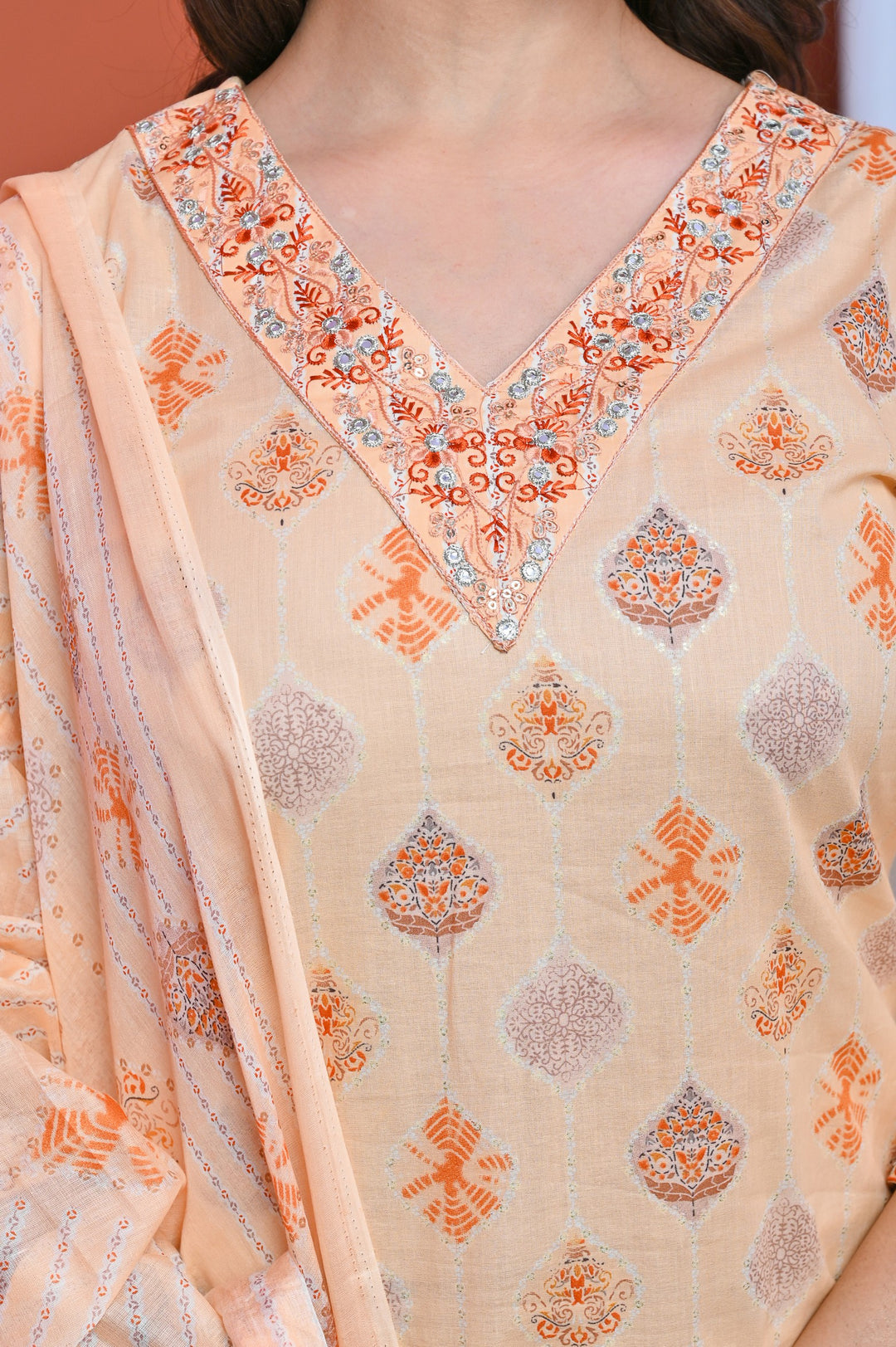 Elegant Peach & Yellow Cotton Kurta Set - Straight Fit with V-Neck and 3/4 Sleeves