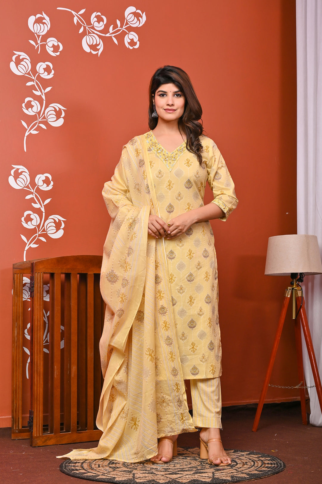 Elegant Peach & Yellow Cotton Kurta Set - Straight Fit with V-Neck and 3/4 Sleeves