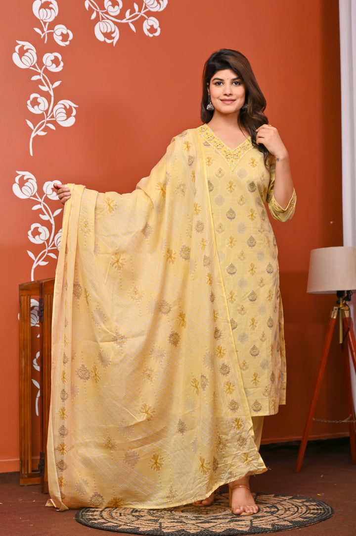 Elegant Peach & Yellow Cotton Kurta Set - Straight Fit with V-Neck and 3/4 Sleeves